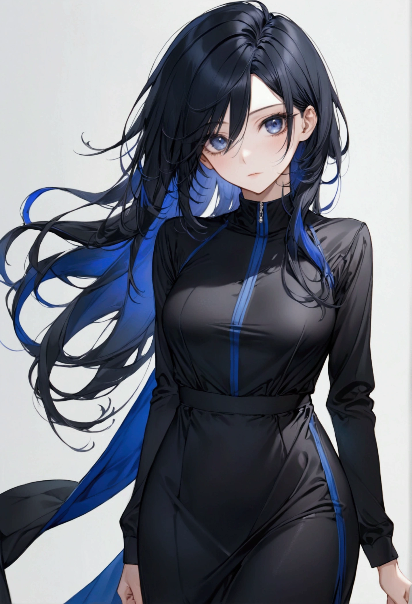 female,long black hair with inner dark blue hair, dark blue eyes,athletic body, elegant black dress,