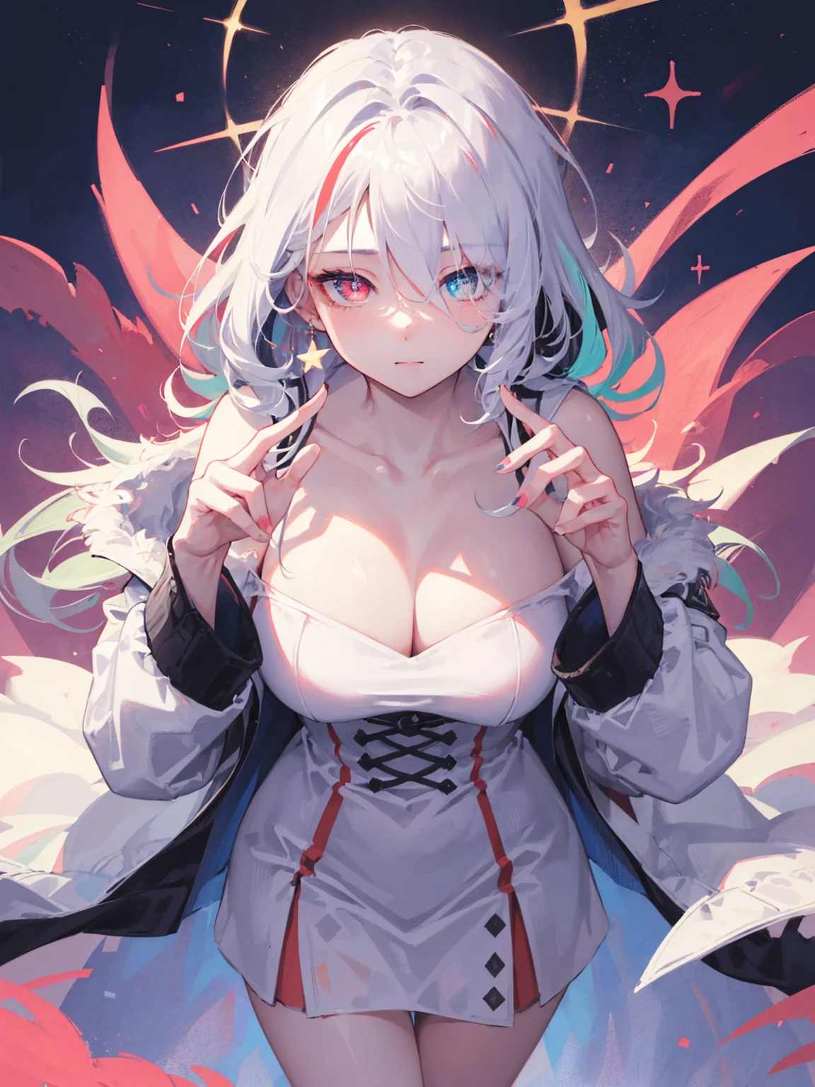 a cute age girl, about 160cm tall, perfect breasts, round breasts, white jacket, fur jacket, wearing jacket, open jacket, off shoulder, bare shoulder, perfect shoulder, detailed collarbone, perfect collarbone, bare neck, detailed iris, sparkle eyes, star in eyes, enchanting purple eyes, (multicolored eyes), (shining dust), (multicolored eyes), (heterochromia), (messy hair:1.3), (hair between eyes), (hair over one eye), (wavy hair:1.1), masterpiece, best quality, ultra quality, high quality, highres, ultla highres, absurdres, 4K, 8K, 16k, hyper detailed, intricate detailed, amazing shading, high contrast, realistic, photo realistic, RAW photo, photography, super fine illustration, foreshortening, perfect anatomy, correct anatomy, perfect proportion, perfect face, perfect hands, perfect legs, perfect fingers