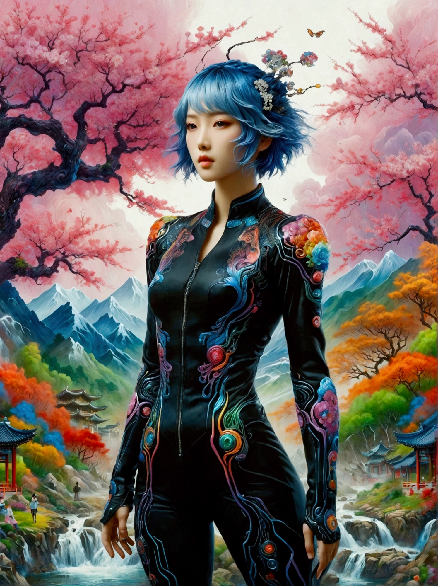 ((Imagine)),((whole body)),1 girl, Wearing a black cheongsam,Arms and Legs,手持电动步枪的Cyberpunk美女,Standing under a cherry tree with pink flowers in full bloom,(Mechanical ceramic high heels:1.5 ),Empty mountain motorcycle style oil painting,in the style of futuristic,Cyberpunk,High Detail, Top quality,Official Art,(Aesthetics and aesthetics:1.2),(Fractal Art:1.3),(Facial features of Korean girls:1.8),(Front view:1.9),(以广角镜头拍摄whole body的顶级摄影师作品:1.5),Looking at the audience,(Rainbow hair,Hair color,Half blue and half pink hair:1.2),masterpiece,Best quality,Anatomically correct,Textured Skin,Super Detail,8k,high resolution,Vibrant colors, Thick Line, wave, Multi-layer, prospect, view, fractal thunder dan mumford , Dan Mumford and Alex Grey Styles, Inspired by Cyril Rolando,Psychedelic Surreal Art, Surreal psychedelic design, Dream Art Style, Psychedelic Art, Infinite psychedelic waves