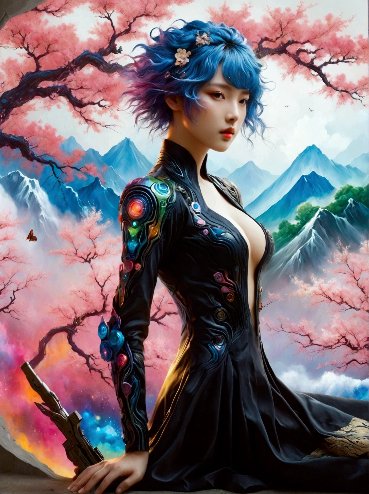 ((Imagine)),((whole body)),1 girl, Wearing a black cheongsam,Arms and Legs,手持电动步枪的Cyberpunk美女,Standing under a cherry tree with pink flowers in full bloom,(Mechanical ceramic high heels:1.5 ),Empty mountain motorcycle style oil painting,in the style of futuristic,Cyberpunk,High Detail, Top quality,Official Art,(Aesthetics and aesthetics:1.2),(Fractal Art:1.3),(Facial features of Korean girls:1.8),(Front view:1.9),(以广角镜头拍摄whole body的顶级摄影师作品:1.5),Looking at the audience,(Rainbow hair,Hair color,Half blue and half pink hair:1.2),masterpiece,Best quality,Anatomically correct,Textured Skin,Super Detail,8k,high resolution,Vibrant colors, Thick Line, wave, Multi-layer, prospect, view, fractal thunder dan mumford , Dan Mumford and Alex Grey Styles, Inspired by Cyril Rolando,Psychedelic Surreal Art, Surreal psychedelic design, Dream Art Style, Psychedelic Art, Infinite psychedelic waves