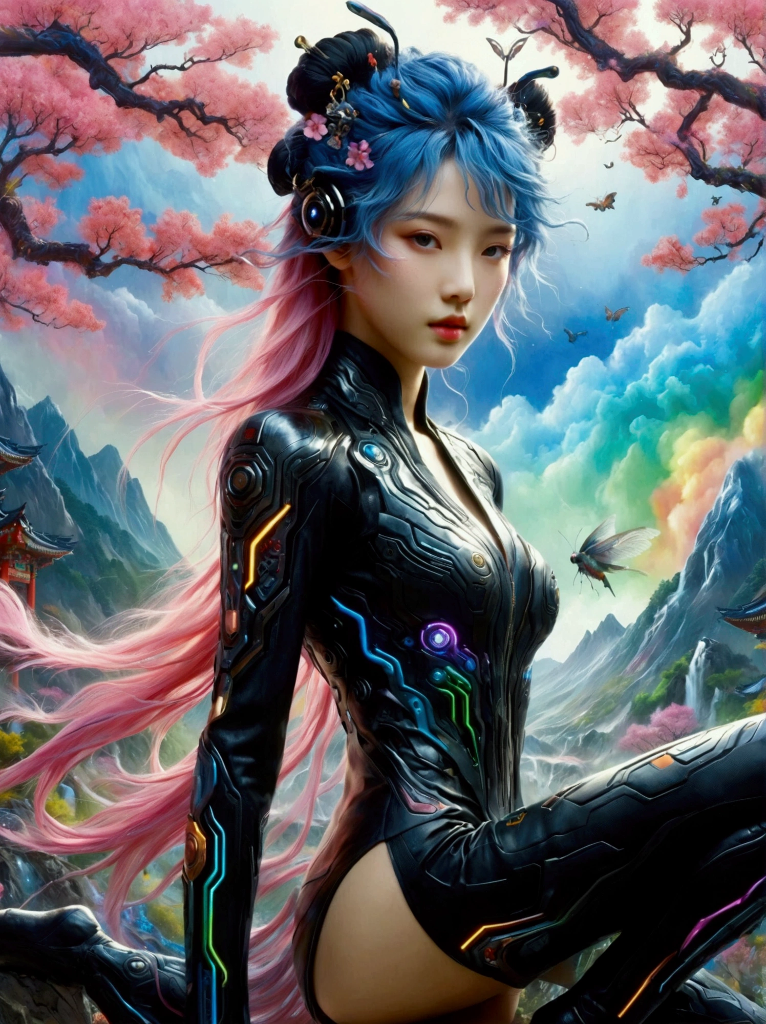 ((Imagine))，((whole body))，1 girl, Wearing a black cheongsam，Arms and Legs，手持电动步枪的Cyberpunk美女，Standing under a cherry tree with pink flowers in full bloom，（Mechanical ceramic high heels:1.5 ），Empty mountain motorcycle style oil painting，in the style of futuristic，Cyberpunk，High Detail, Top quality，Official Art，(Aesthetics and aesthetics:1.2)，(Fractal Art:1.3)，(Facial features of Korean girls:1.8)，(Front view:1.9)，(以广角镜头拍摄whole body的顶级摄影师作品:1.5)，Looking at the audience，(Rainbow hair，Hair color，Half blue and half pink hair:1.2)，masterpiece，Best quality，Anatomically correct，Textured Skin，Super Detail，8k，high resolution，Vibrant colors, Thick Line, wave, Multi-layer, prospect, view, fractal thunder dan mumford , Dan Mumford and Alex Grey Styles, Inspired by Cyril Rolando，Psychedelic Surreal Art, Surreal psychedelic design, Dream Art Style,  Psychedelic Art, Infinite psychedelic waves