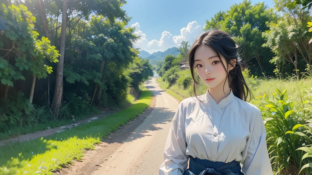 8k、RAW Photos、Highest quality、Very detailed、Super Resolution、Ultra HD、8k壁紙、Amazing details summer、A country road lined with rice fields、blue sky、Shining Sun、The middle path