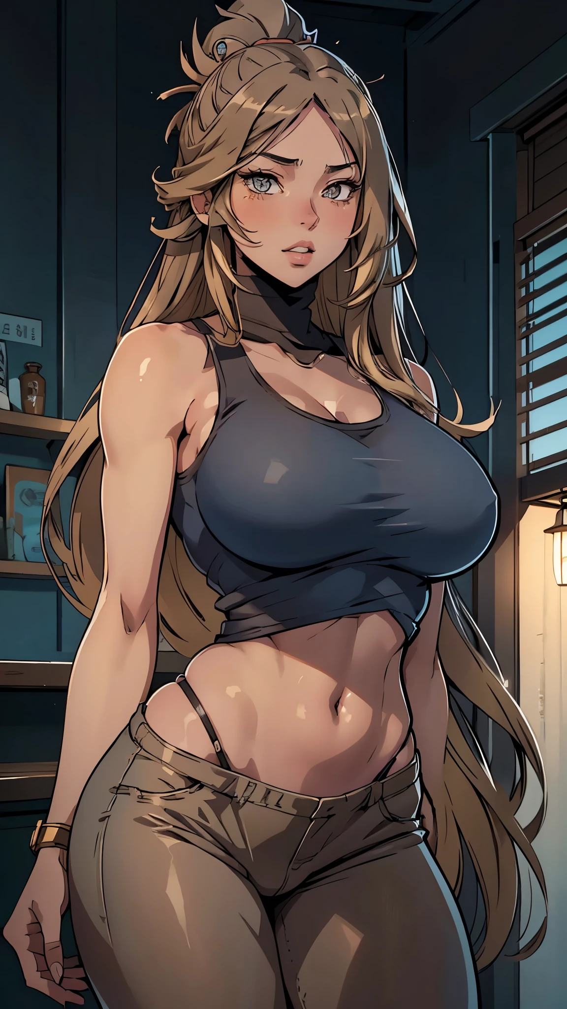 A unique illustrated character with a manga style, featuring long, straight hair in a blend of gray and light brown tones. Her large, expressive eyes are a striking blue, while her nose and plump lips add to her charm. She is wearing a navy tank top that accentuates her figure, giving her a confident and alluring presence.