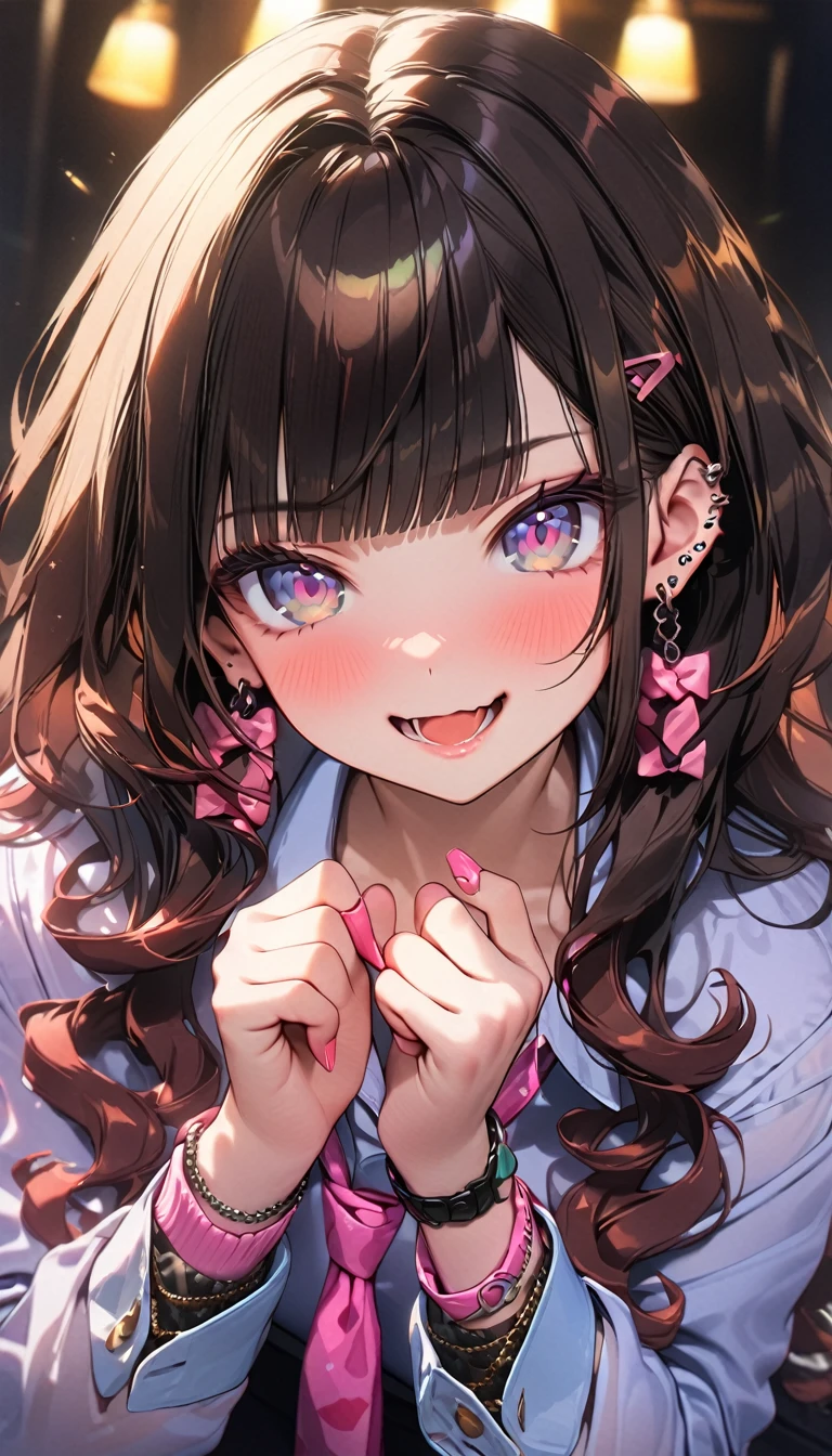 (Best quality, 8k, 32k, Masterpiece, UHD,:1.2),RAW, 1girl,ultra cute , natural lighting,transparent shining eyes, 20yo ,fair complexion ,flushed face,dynamic Lighting,cool girl, lots of piercings, earrings, dark brown hair, curly hair, blunt bangs, straight bangs, gray eyes, pale skin, gal, gyaru