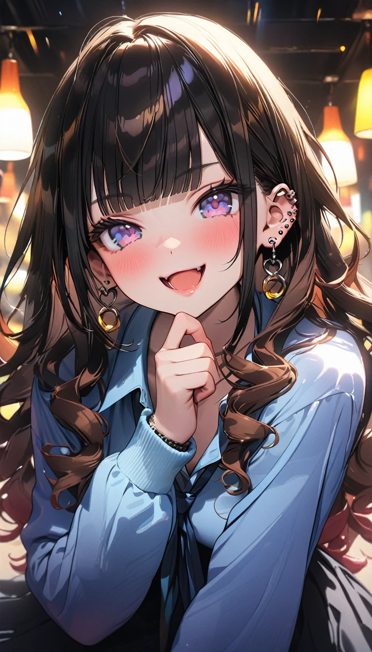 (Best quality, 8k, 32k, Masterpiece, UHD,:1.2),RAW, 1girl,ultra cute , natural lighting,transparent shining eyes, 20yo ,fair complexion ,flushed face,dynamic Lighting,cool girl, lots of piercings, earrings, dark brown hair, curly hair, blunt bangs, straight bangs, gray eyes, pale skin, gal, gyaru