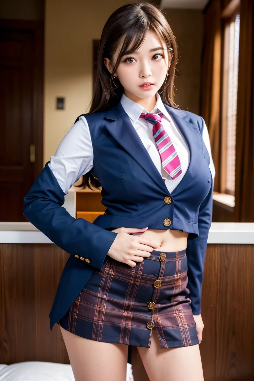 NSFW, (best quality,4k,highres),ultra-detailed,realistic,cosplay,student uniform, unbutton clothes, unbutton shirt, mini skirt, skirt lift up, open legs,beautiful woman,big breasts, show nipples detailed, dark hairy pussy, pubic hair,vivid colors,portrait,soft lighting