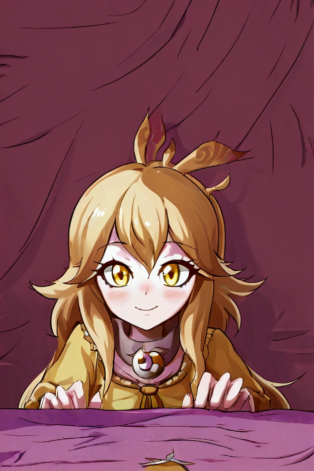 Neeko anime girl with blonde hair and yellow eyes looking at the camera., Stop four *, Junko Enoshima, Moe anime art style, in an anime style, [[[[smiling evilly]]]], anime monster girl, Marisa Kirisame, shikami, Stop four, anime style portrait, perfect anime face