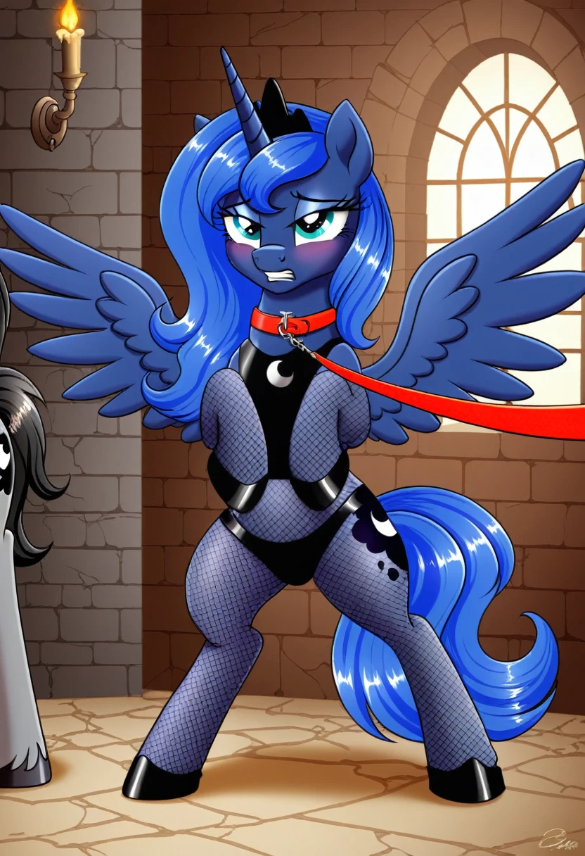 Pony   sad Princessa luna in   in fishnet tights  b locked in a dungeon walks on a leash