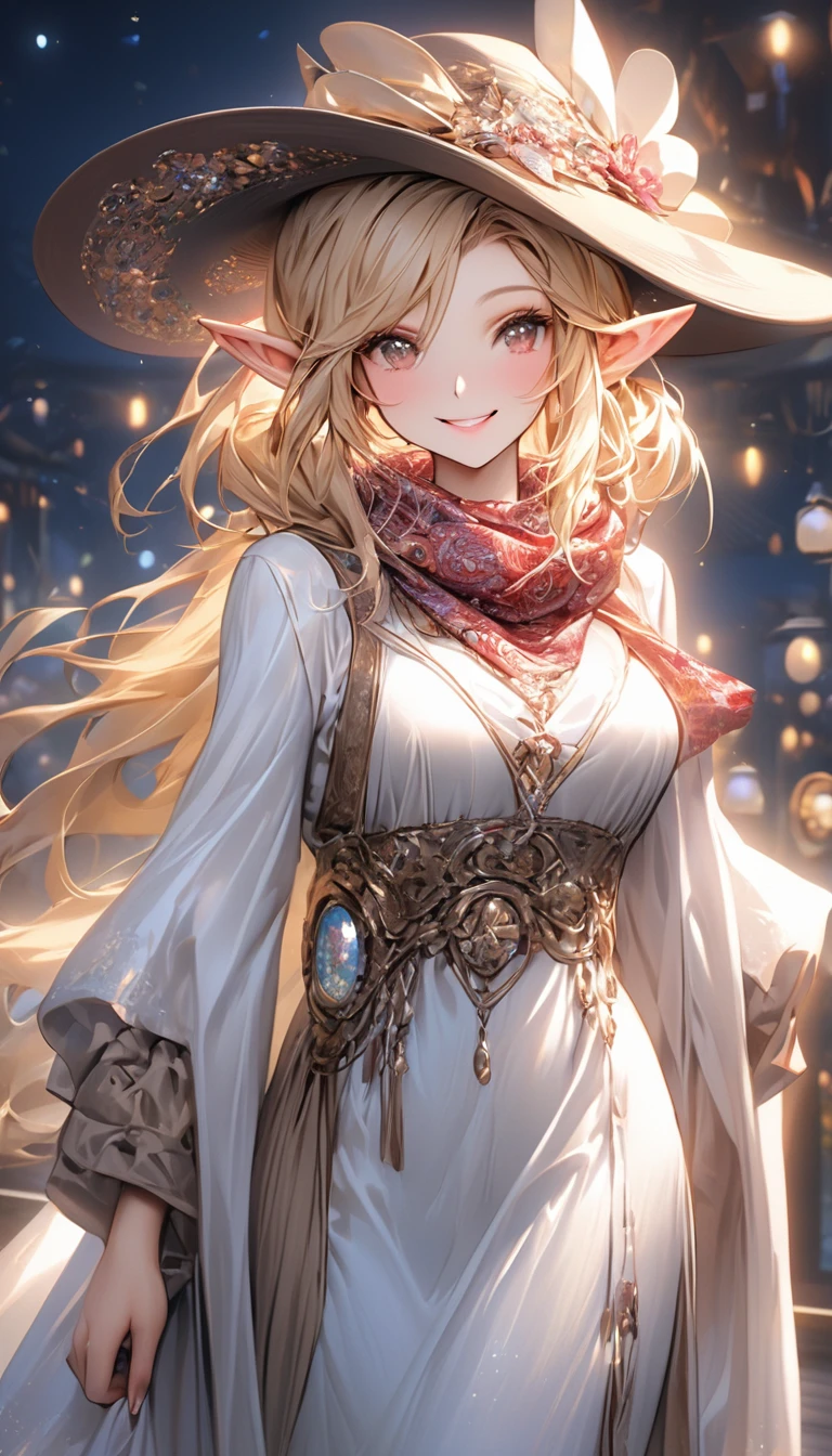 ((highest quality)), ((masterpiece)), (be familiar with), perfect face, gorgeous dress, wide open chest, blonde hair, rich hair, detailed fingertips, looking here, Upper body, shiny hair, Beautiful smile, white skin, High resolution, glittering costumes, standing position, mature adult woman, elf, pointy ears, Wide-brimmed hat, Put a Paisley scarf around her neck, At the Night Lounge