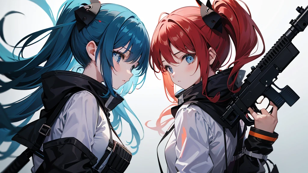 Two girls facing each other with guns。There's a space between the two of us