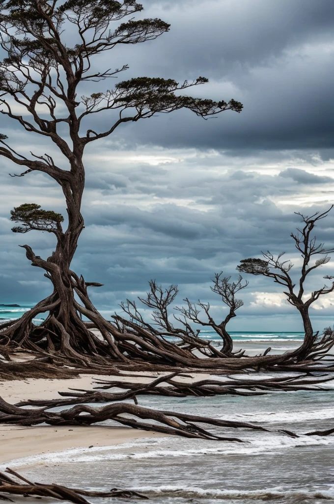 trees that have been washed up on the beach by the ocean, unfinished roots of white sand, incredibly beautiful, by Richard Gruelle, beach trees in the background, breath taking, breath taking beautiful, driftwood, enigmatic natural beauty, beautiful and ominous, gnarly trees, stunning photograph, old trees, surreal!!!, beautiful! coherent!, unbelievably beautiful, stunning sight