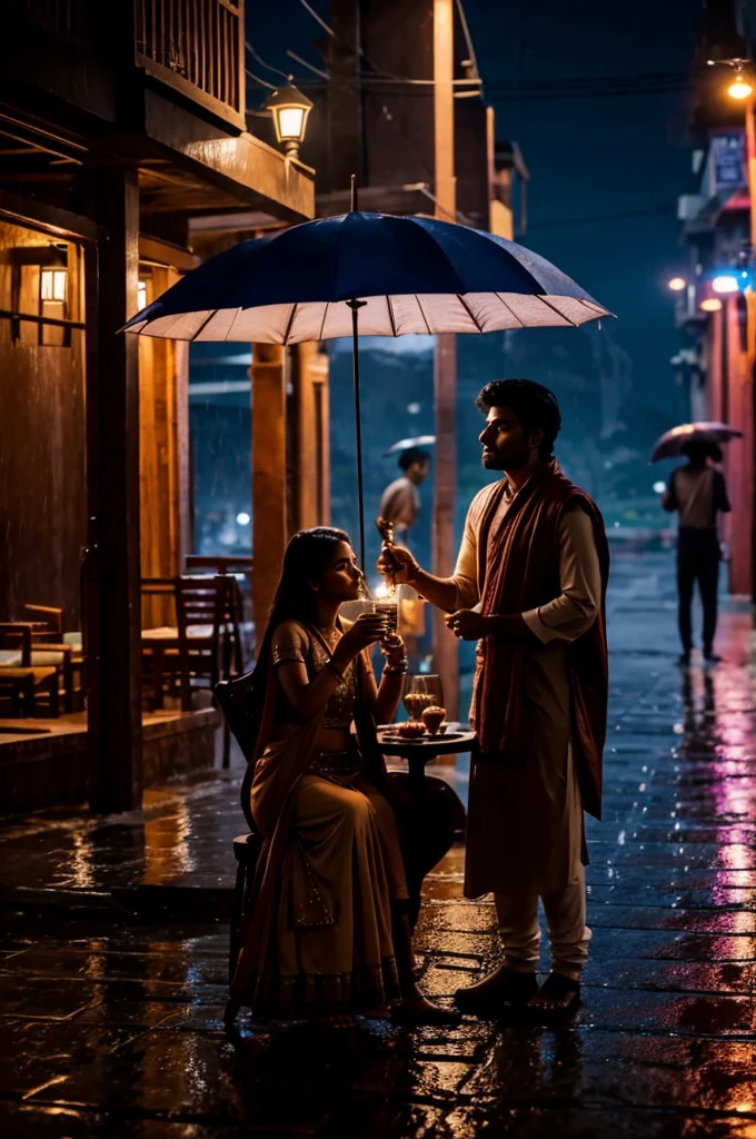 Indian roadsz night time couples drinking a chai in rain, thunder, 4k quality, anime, little bit darker, aesthetic long shot