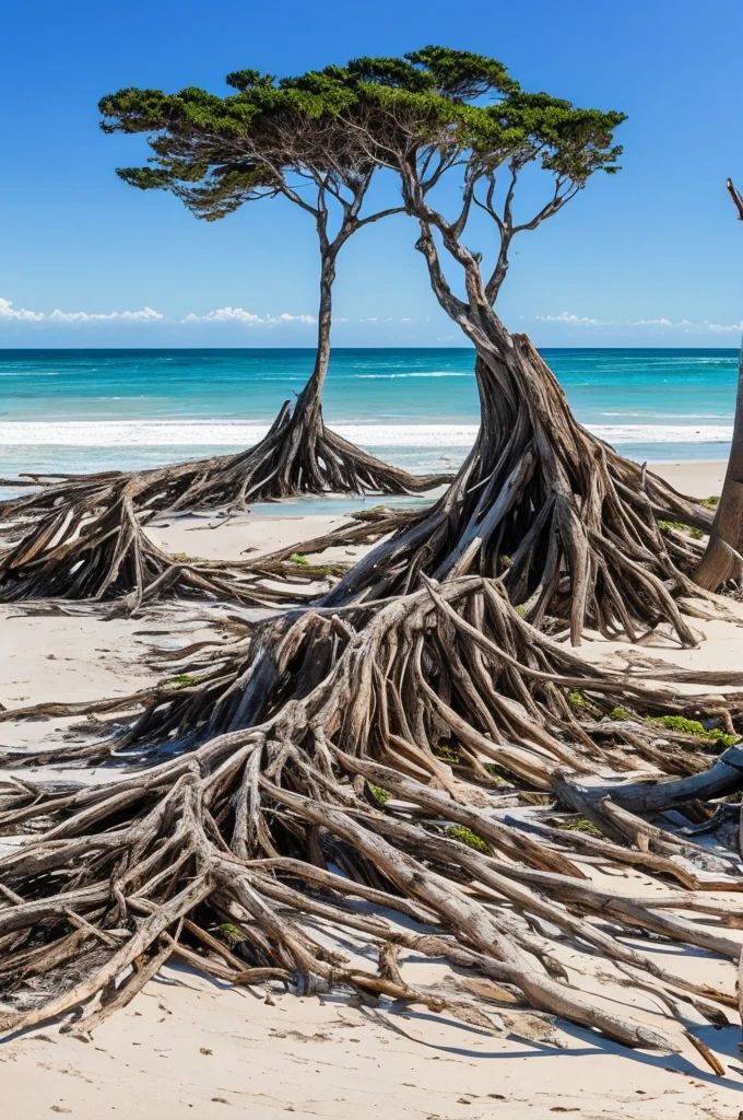 trees that have been washed up on the beach by the ocean, unfinished roots of white sand, incredibly beautiful, by Richard Gruelle, beach trees in the background, breath taking, breath taking beautiful, driftwood, enigmatic natural beauty, beautiful and ominous, gnarly trees, stunning photograph, old trees, surreal!!!, beautiful! coherent!, unbelievably beautiful, stunning sight