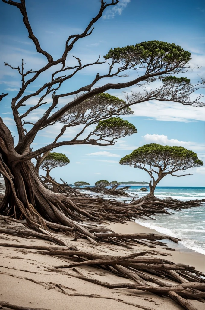 trees that have been washed up on the beach by the ocean, unfinished roots of white sand, incredibly beautiful, by Richard Gruelle, beach trees in the background, breath taking, breath taking beautiful, driftwood, enigmatic natural beauty, beautiful and ominous, gnarly trees, stunning photograph, old trees, surreal!!!, beautiful! coherent!, unbelievably beautiful, stunning sight
