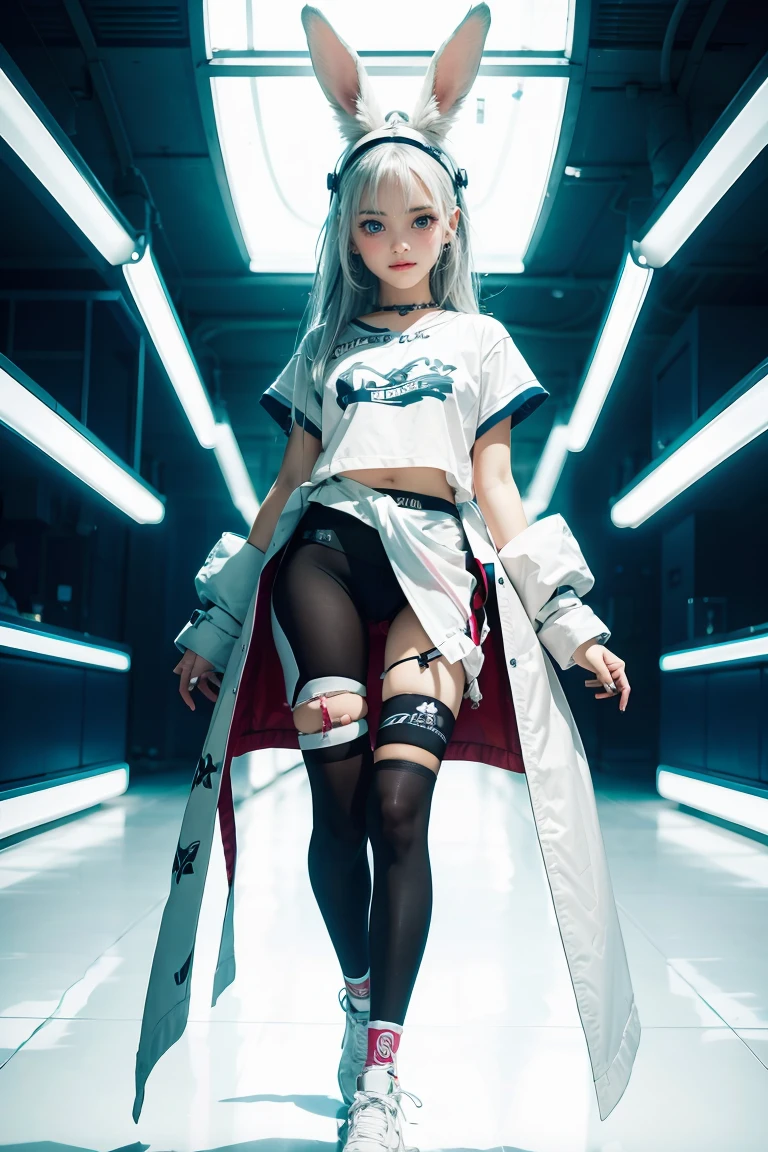 1girl, Cartoon animal design, flat style cute rabbit full body photo, simple but not lost sense of design, fresh flat style, cyberpunk elements are applied freely, the front view presents a charming cute posture, and the feet hang down in a cute posture