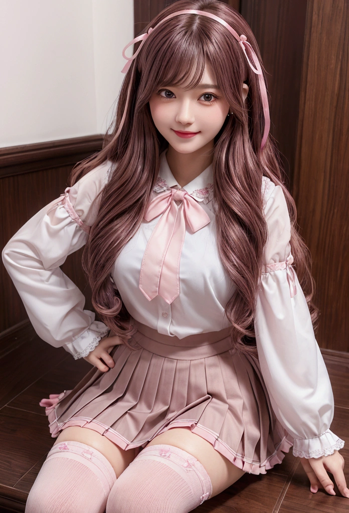 best quality ,masterpiece, ultra detailed ,intricate details , pink brown wavy hair, ,BREAK white blouse,ribbon tie,navy Pleated skirt ,black Knee-high socks, BREAK pink brown wavy hair,pink eye,smile, sitting,