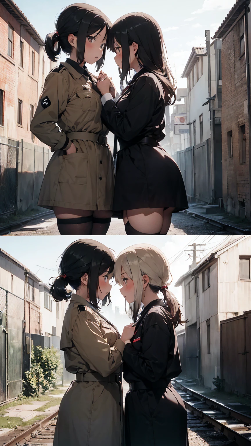gestapo, female lesbian kawaii sisters kissing in Auschwitz concentration camp, wearing uniforms. 8k. masterpiece. best quality