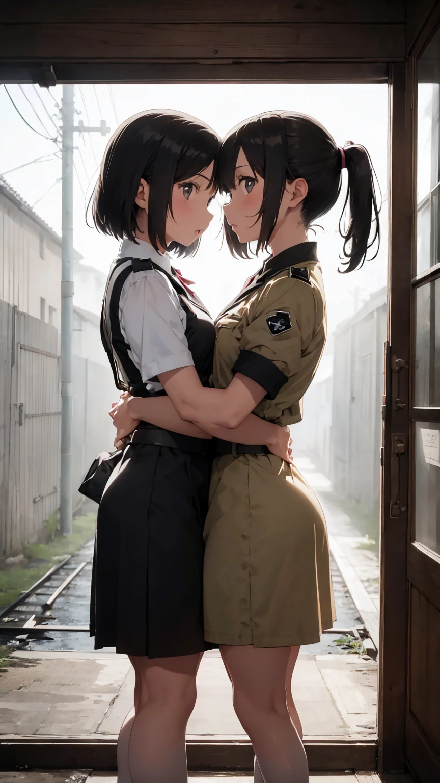 gestapo, female  lesbian kawaii sisters kissing in Auschwitz concentration camp, wearing  uniforms. 8k. masterpiece. best quality