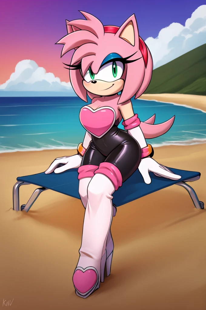 score_9, score_8_up, 2D, flat color, looking at viewer, (1girl), (solo), very detailed, extremely detailed, Amy Rose from the sonic the hedgehog series, portrait, seductive smile, hair down, hair bangs, medium breast, Rouge cosplay, cosplay, she wears a black skin-tight and strapless low-cut jumpsuit, a pink heart-shaped chest plate outlined with thin white trim, elbow-length white gloves and thigh-high high-heeled boots with pink cuffs to match them, with the latter featuring both gray soles and heels, matching her jumpsuit's chest plate, she sits down on a lounge chair on the beach with the ocean waves in a nice sunset, close up, wingless