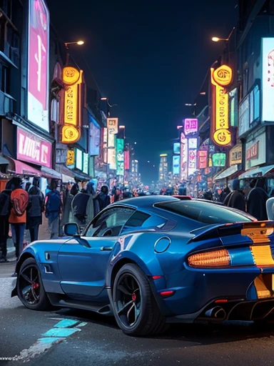 (full body), shelby cobra, ((beatiful detailed cyberpunk city)), ((streets with neon lights)),dutch angle shot, side view