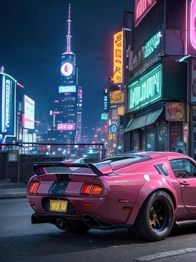 (full body), shelby cobra, ((beatiful detailed cyberpunk city)), ((streets with neon lights)),dutch angle shot, side view