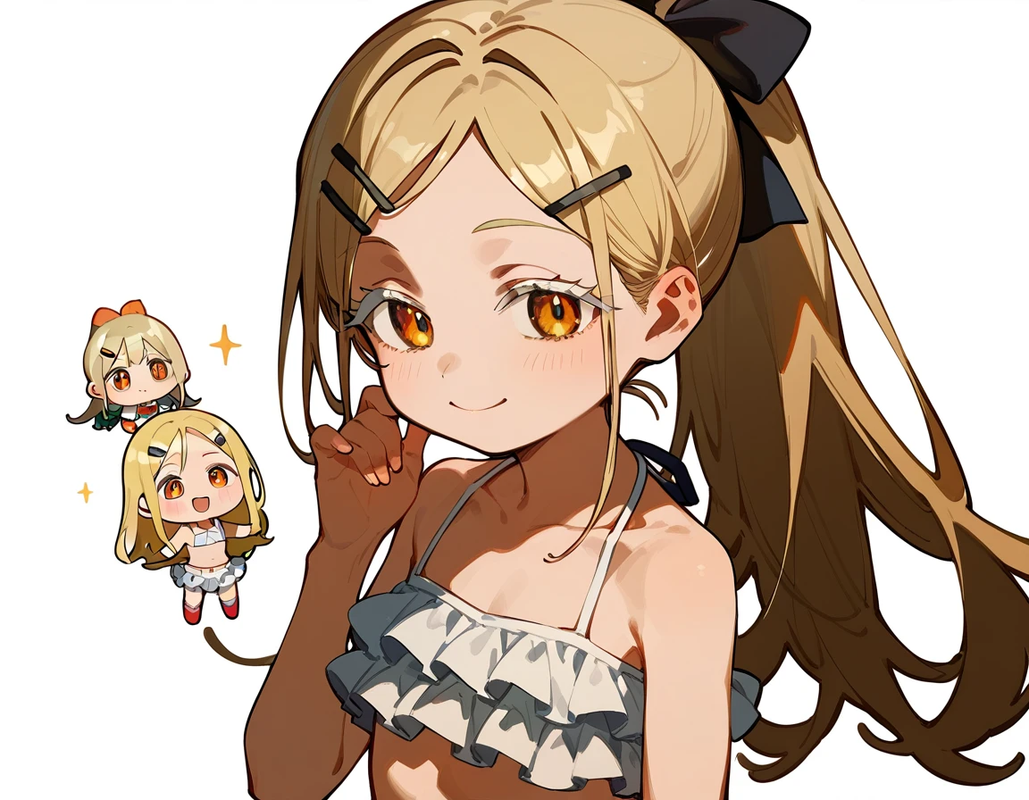 Highest quality, masterpiece, No correction, Beark 1girl,shinosawa hiro,thin,Orange eyes,White eyelashes,Blonde,Long Hair,Hair Clip,flat chest,white background,frilled bikini,white bikini,ponytail,smile,chibi