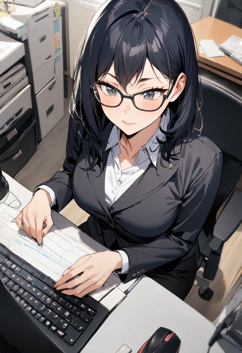 1girl, shimizu kiyoko, haikyuu!!, 35years old,make up,office lady,business suit,black blazer,longsleeve,white collared shirt,black tight skirt,glasses,office,sitting on the desk,typing the computer,in the working,pov,masterpiece, best quality, absurdres,