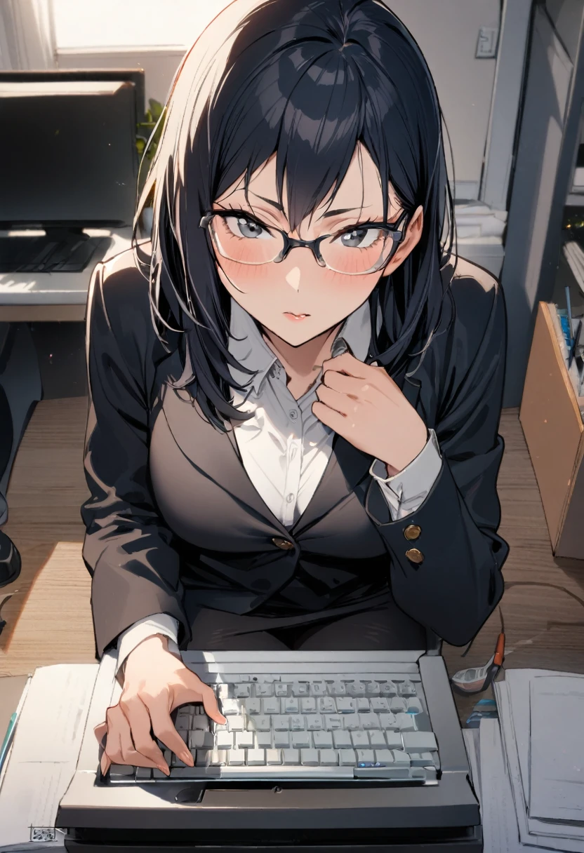 1girl, shimizu kiyoko, haikyuu!!, 35years old,make up,office lady,business suit,black blazer,longsleeve,white collared shirt,black tight skirt,glasses,office,sitting on the desk,typing the computer,in the working,pov,masterpiece, best quality, absurdres,
