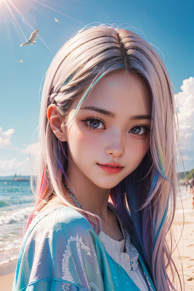(Masterpiece, Top Quality, Best Quality, Watercolor (Medium), Official Art, Beautiful and Aesthetic: 1.2), (1 Girl: 1.3), (Fractal Art: 1.3), Morning, Good Morning, Smile, Sunny Day, Cheerful, Look Viewer, Pattern, Wave, (Iridescent Hair, Colorful Hair: 1.2), Sky, Gas, Clouds, Colorful, Soap Bubbles