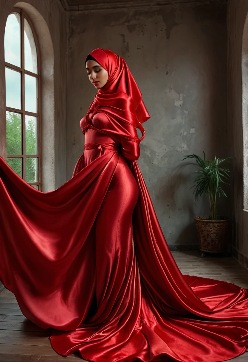 a sexy woman covered in a large red satin cloth, tied tightly with the satin cloth, the satin hanging down very long, a mermaid style dress, wearing a satin hijab, the satin cloth is very long, forming the curve of the body, flowy satin about 4 meter,masterpice, 4k resolution, ultra-realistic, highly detail.