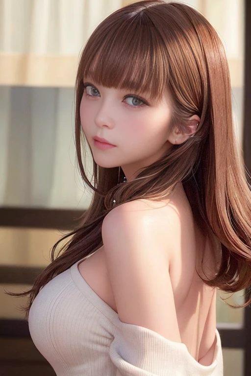 Highest quality, masterpiece, Ultra-high resolution, (Realistic:1.4), RAW Photos, 1 girl, 、Round Face、slim、Flat Body、Slender body、cute、、(Buckshot close-up:1.3)、(((look back:1.2)))、Summer Sweater、Off the shoulder、Strapless