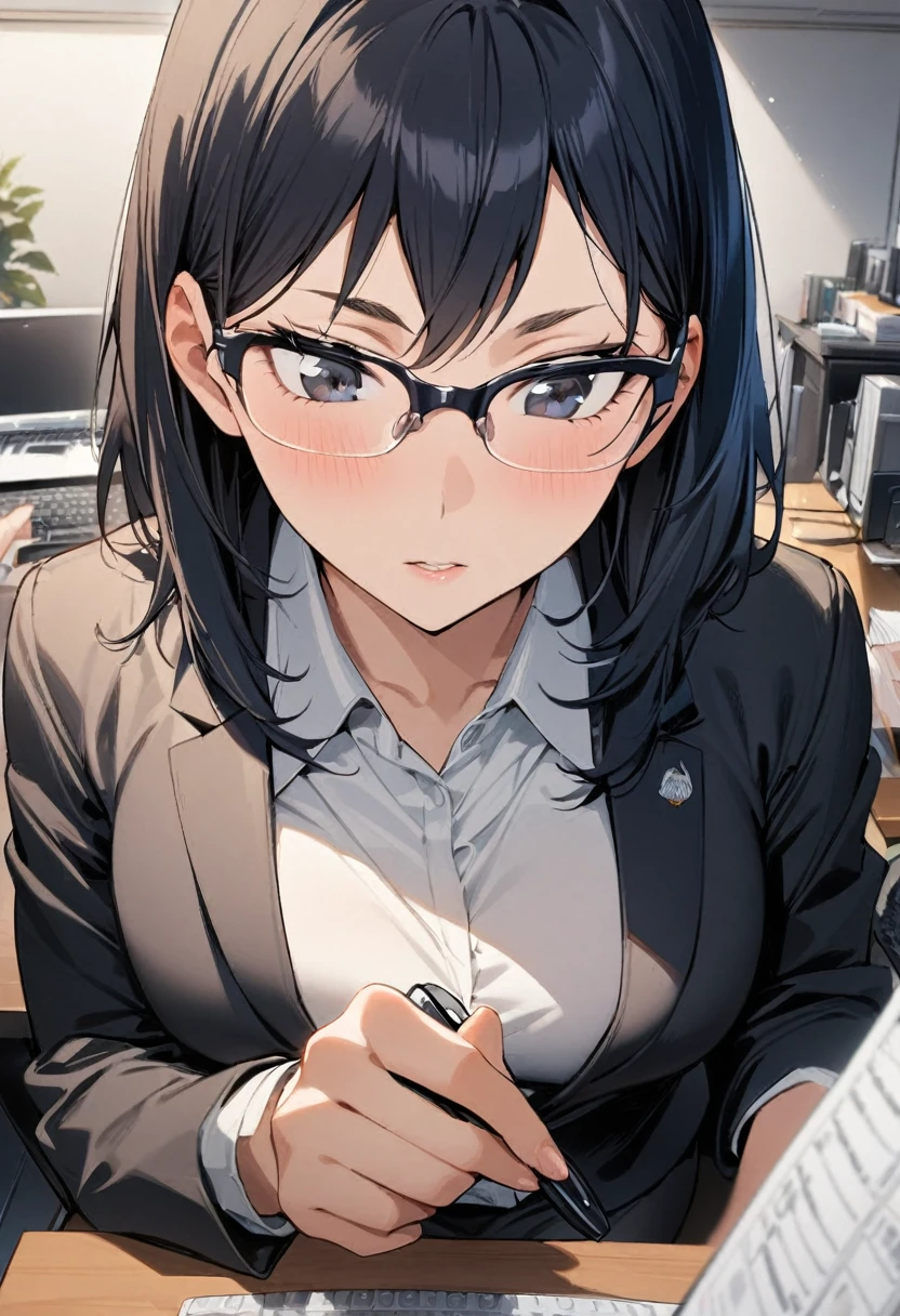 1girl, shimizu kiyoko, haikyuu!!, 25years old,office lady,business suit,black blazer,white collared shirt,black tight skirt,glasses,office,sitting on the desk,typing the computer,in the working,pov,masterpiece, best quality, absurdres,