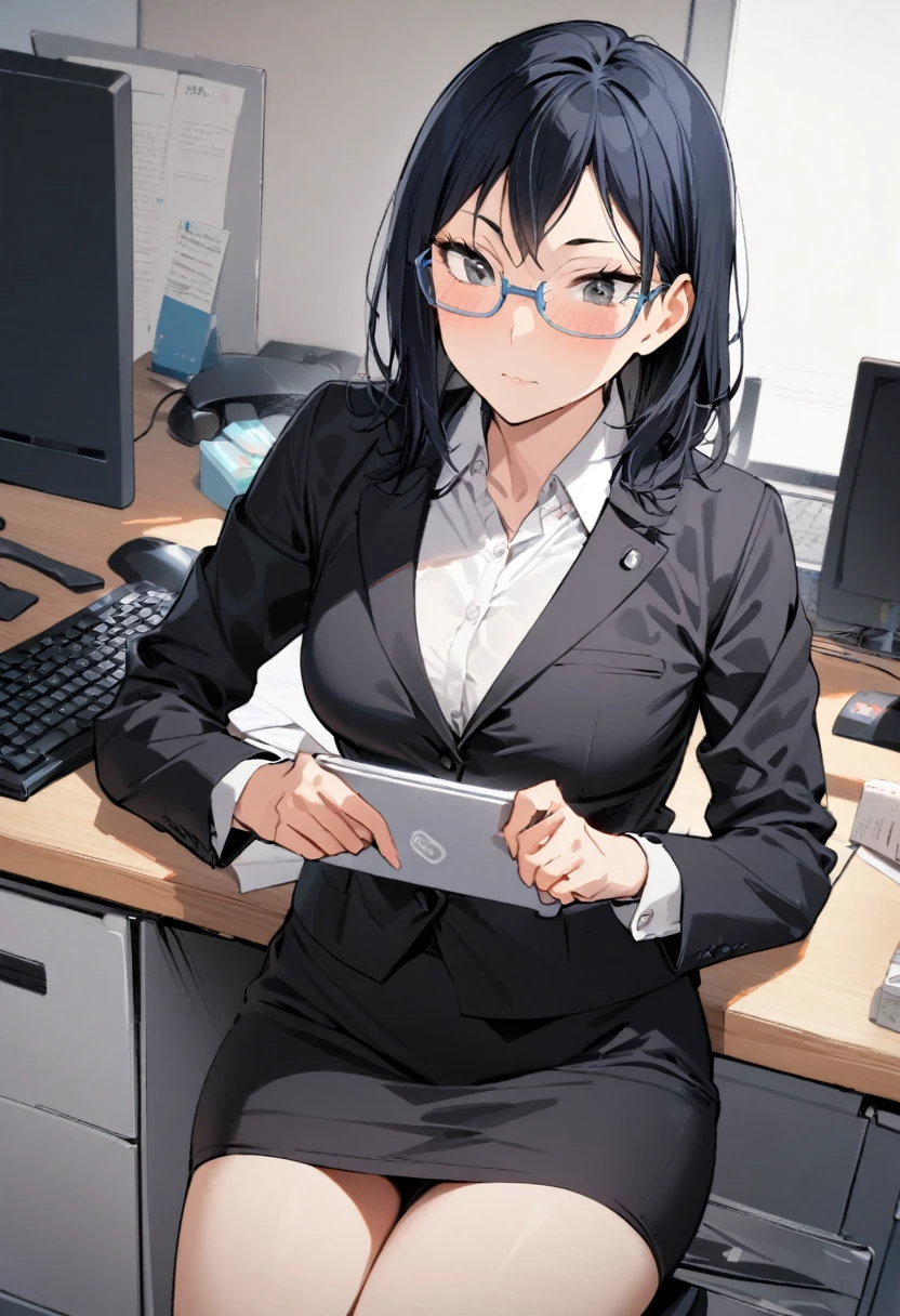 1girl, shimizu kiyoko, haikyuu!!, 25years old,office lady,business suit,black blazer,white collared shirt,black tight skirt,glasses,office,sitting on the desk,typing the computer,in the working,pov,masterpiece, best quality, absurdres,