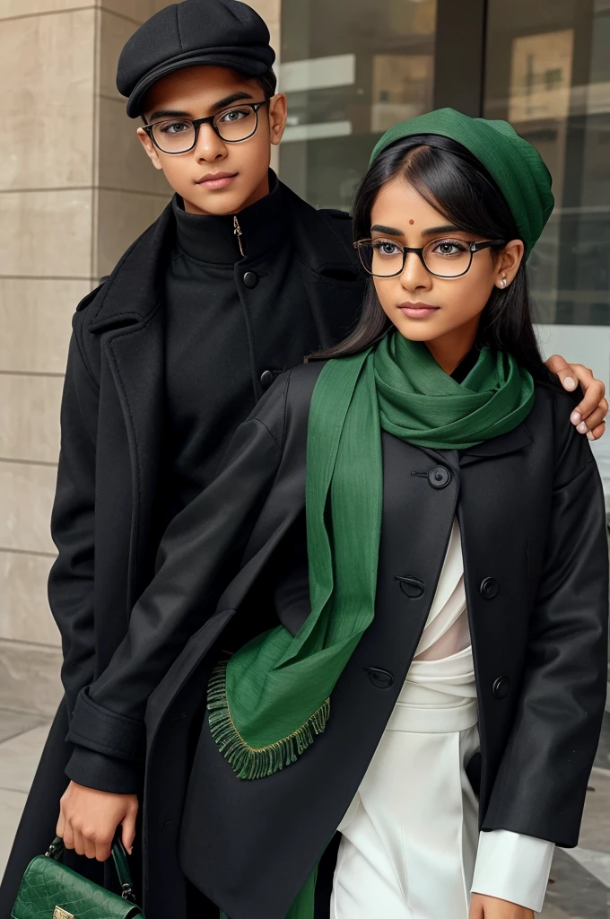 A boy wearing a black coat and pant and a white watch and black glasses and a cap on his head. Along with him is a girl who is very beautiful. She is wearing a black watch and has combed her hair nicely. She also has a purse with her. She is also wearing glasses and is wearing a green colored sari.
