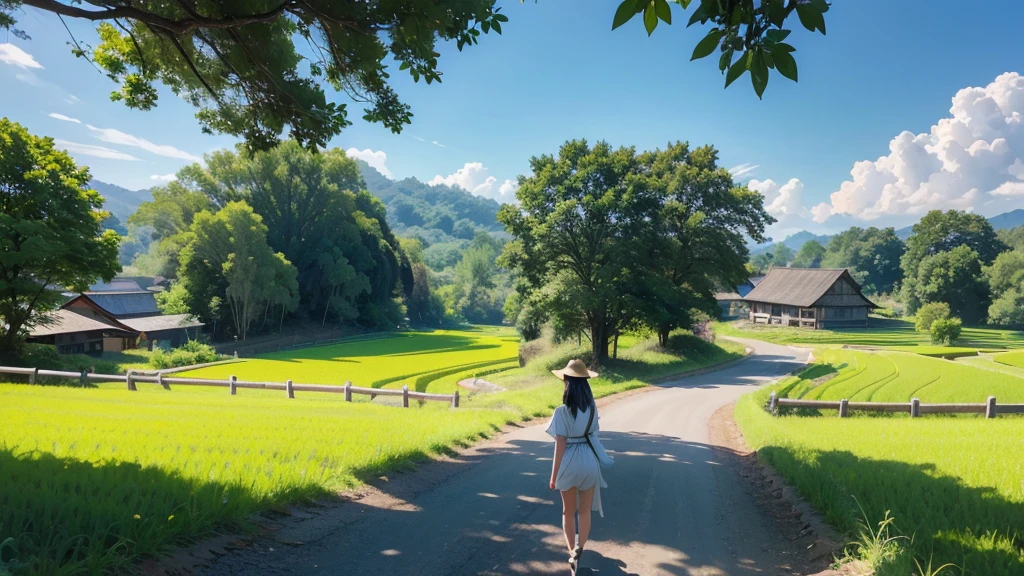 8k、RAW Photos、Highest quality、Very detailed、Super Resolution、Ultra HD、8k壁紙、Amazing details summer、A country road lined with rice fields、blue sky、Shining Sun、The middle path,Camera from the ground