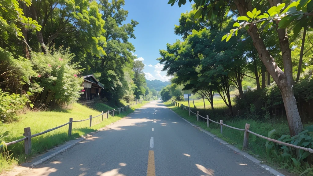 8k、RAW Photos、Highest quality、Very detailed、Super Resolution、Ultra HD、8k壁紙、Amazing details summer、A country road lined with rice fields、blue sky、Shining Sun、The middle path,Camera from the ground