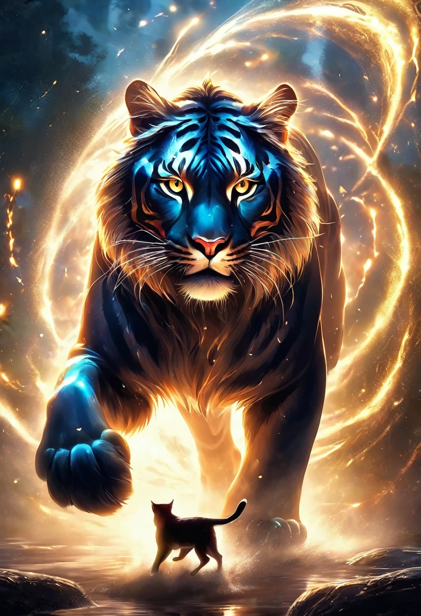 Highest quality, Highest quality, 16K, Unbelievably absurd, Very detailed, delicate and dynamic, Natural light, The particles reflect light, Diffuse reflection of light, Vortex of Light, magical, spooky, super big cat, god of cats, peoples are running away from the big cat
