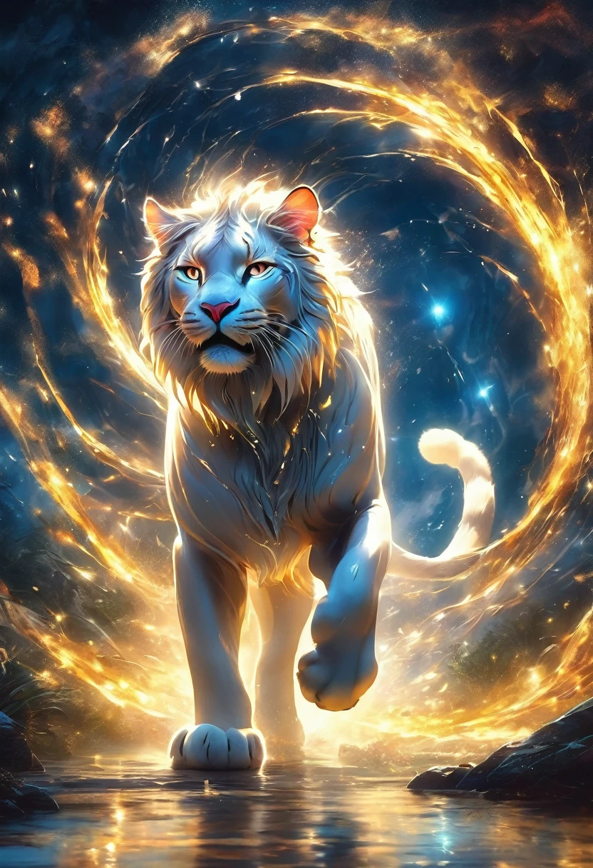 Highest quality, Highest quality, 16K, Unbelievably absurd, Very detailed, delicate and dynamic, Natural light, The particles reflect light, Diffuse reflection of light, Vortex of Light, magical, spooky, super big cat, god of cats, peoples are running away from the big cat