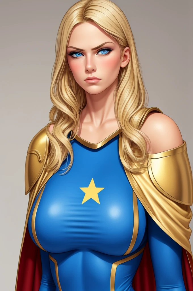 Blonde girl with blue eyes, With a serious expression, serious look, wearing a tight blue outfit tight to the body, defined chest, wearing a golden shoulder pad, wearing the United States flag as a cape