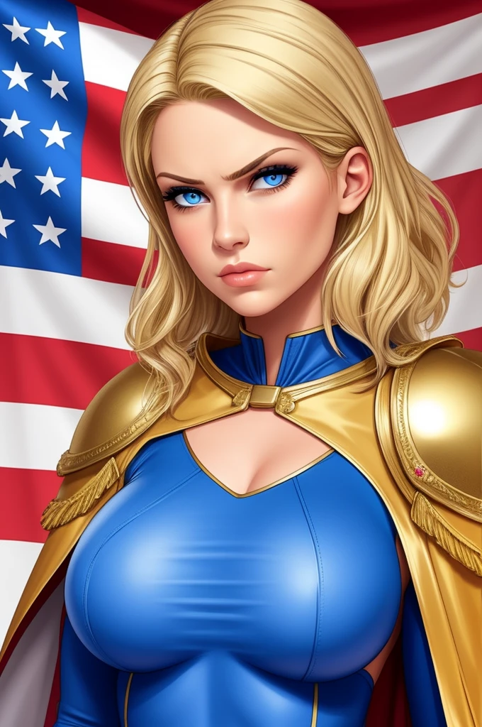 Blonde girl with blue eyes, With a serious expression, serious look, wearing a tight blue outfit tight to the body, defined chest, wearing a golden shoulder pad, wearing the United States flag as a cape
