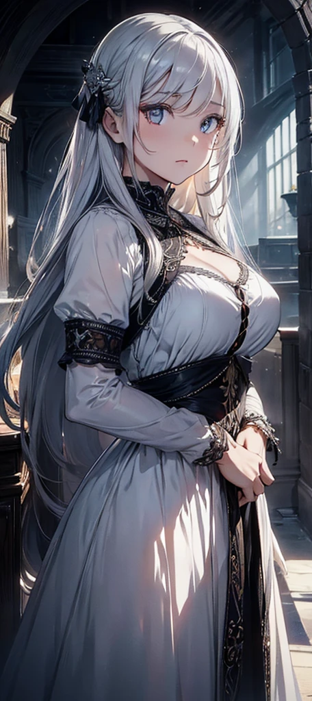 A beautiful woman with long white hair, sexy dress, detailed facial features, high quality, photorealistic, cinematic lighting, dramatic colors, fantasy art