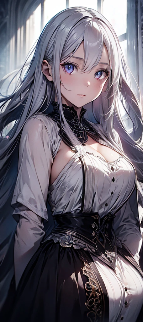 A beautiful woman with long white hair, sexy dress, detailed facial features, high quality, photorealistic, cinematic lighting, dramatic colors, fantasy art