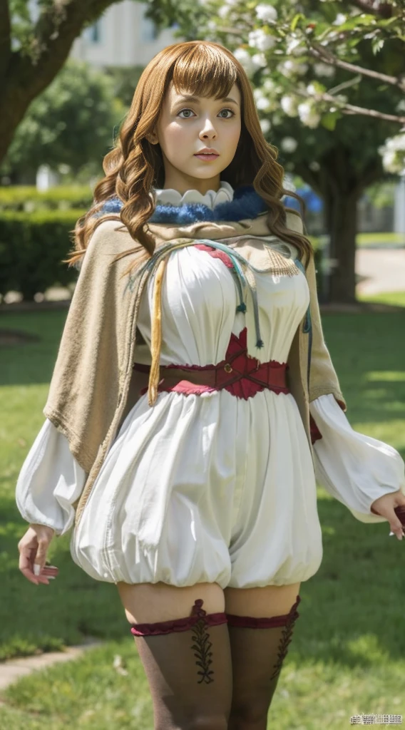 Highest quality、Highest quality、16k quality、Highly detailed figure、Highly detailed face、Highly detailed eyes、Highly detailed nose、Highly detailed facial expressions、Highly detailed costume、Very high quality costume、Highly detailed hourglass shape、Highly detailed feet、Highly detailed thighs、Being in reality、16-year-old girl、Mimosa Vermillion、main character、Brown Hair、White long sleeve knitted clothing、Knitwear with white sleeves、茶色い革製のMimosa Vermillionの腹巻き、You can see the shape of the chest、服の上からYou can see the shape of the chest、On top of knitted clothes、Light brown、Chest-length、Poncho type、Wearing the cloak of the Magic Knights、With Magic Knights emblem、One of her breasts is visible through the gap in her cloak.、Close to the skinする服、White knit shorts、Emphasizes the shape of the chest、Brown leather long socks、Her thighs are visible between her shorts and tights、You can see the shape of the chest、G cup bust size、Big Breasts、Close to the skin、Tight、Full body photo、Are standing、Emphasizes the beauty of thigh muscles、Full body photo、Front view