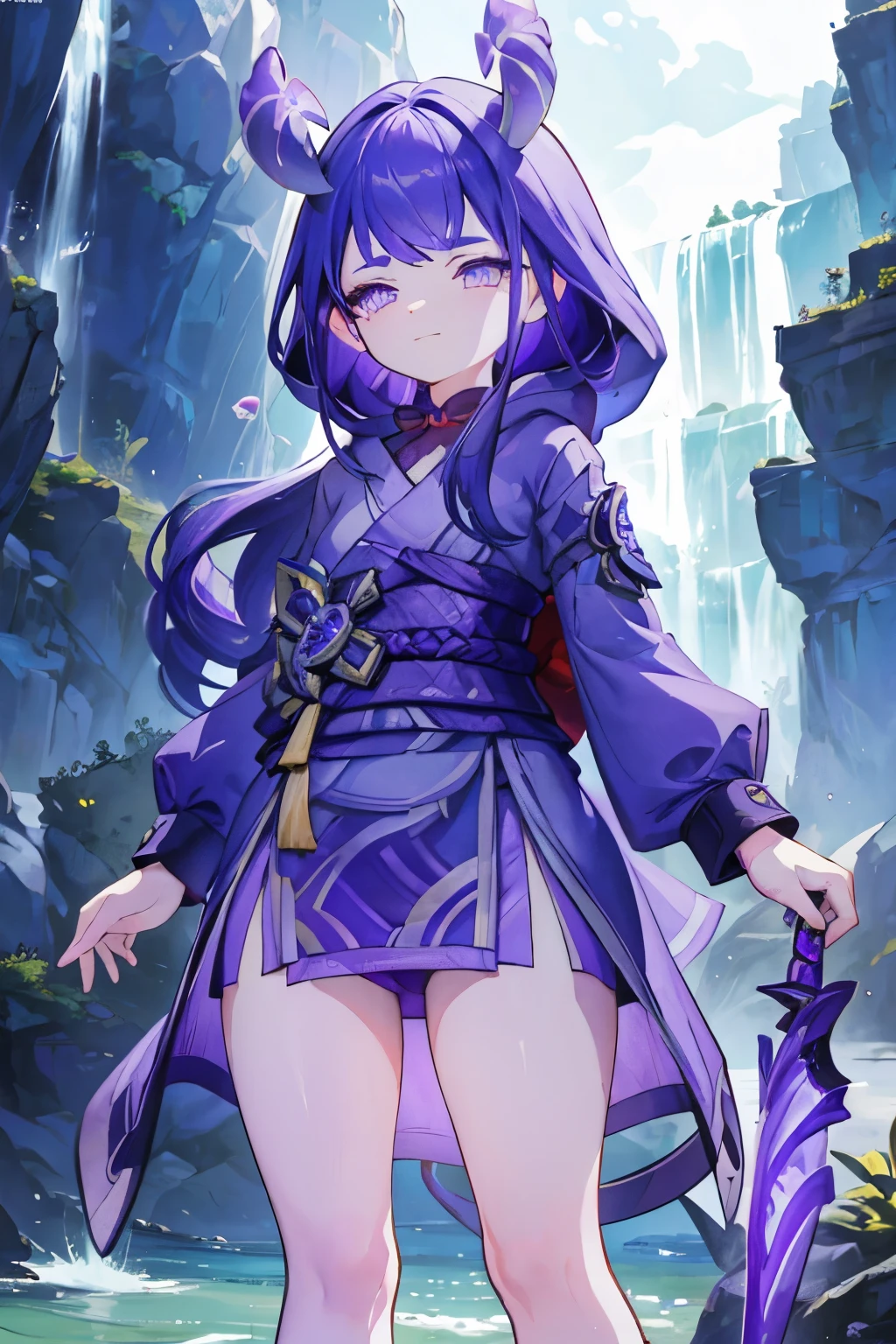 a cute small melusine girl wearing a purple hoodie, looks like Raiden Shogun, happy expression, detailed face, long hair, detailed clothing, fantasy landscape background, detailed lighting, cinematic, digital art, concept art, vibrant colors, beautiful, photorealistic