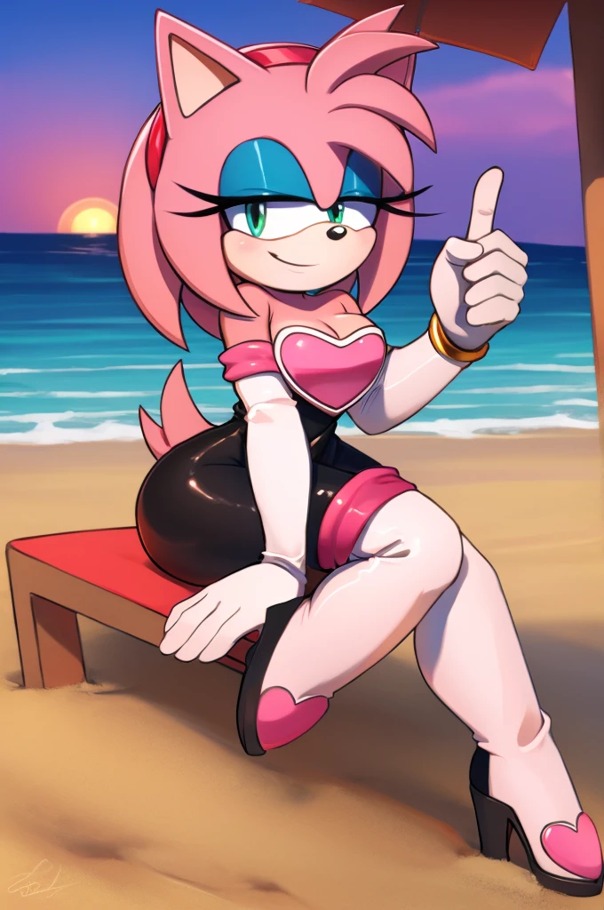 score_9, score_8_up, 2D, flat color, looking at viewer, (1girl), (solo), very detailed, extremely detailed, Amy Rose from the sonic the hedgehog series, portrait, seductive smile, hair down, hair bangs, medium breast, Rouge cosplay, cosplay, she wears a black skin-tight and strapless low-cut jumpsuit, a pink heart-shaped chest plate outlined with thin white trim, elbow-length white gloves and thigh-high high-heeled boots with pink cuffs to match them, with the latter featuring both gray soles and heels, matching her jumpsuit's chest plate, she sits down on a lounge chair on the beach with the ocean waves in a nice sunset, close up, wingless