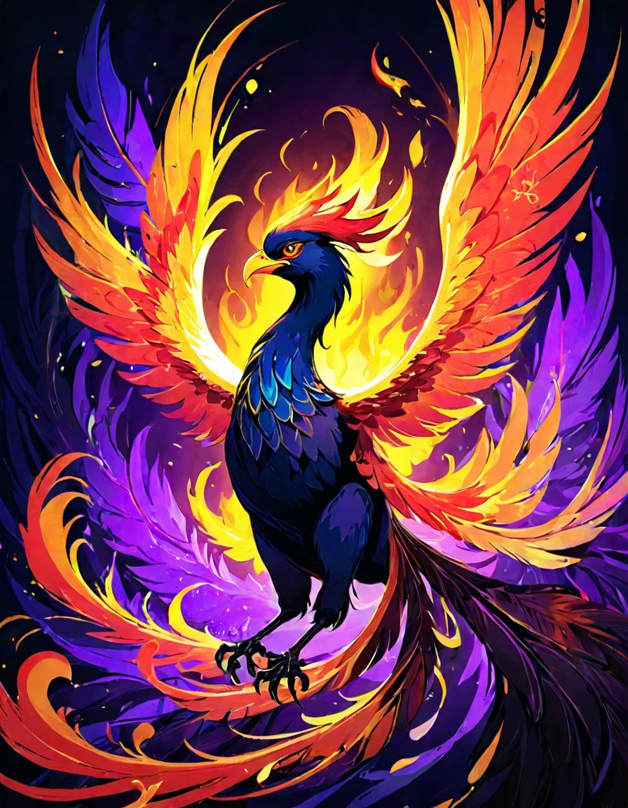 ((((black light poster art)))), design a captivating art piece featuring the essence of a mythical fire phoenix, with its feathers ablaze in radiant hues, surrounded by swirling flames and symbols of rebirth and transformation