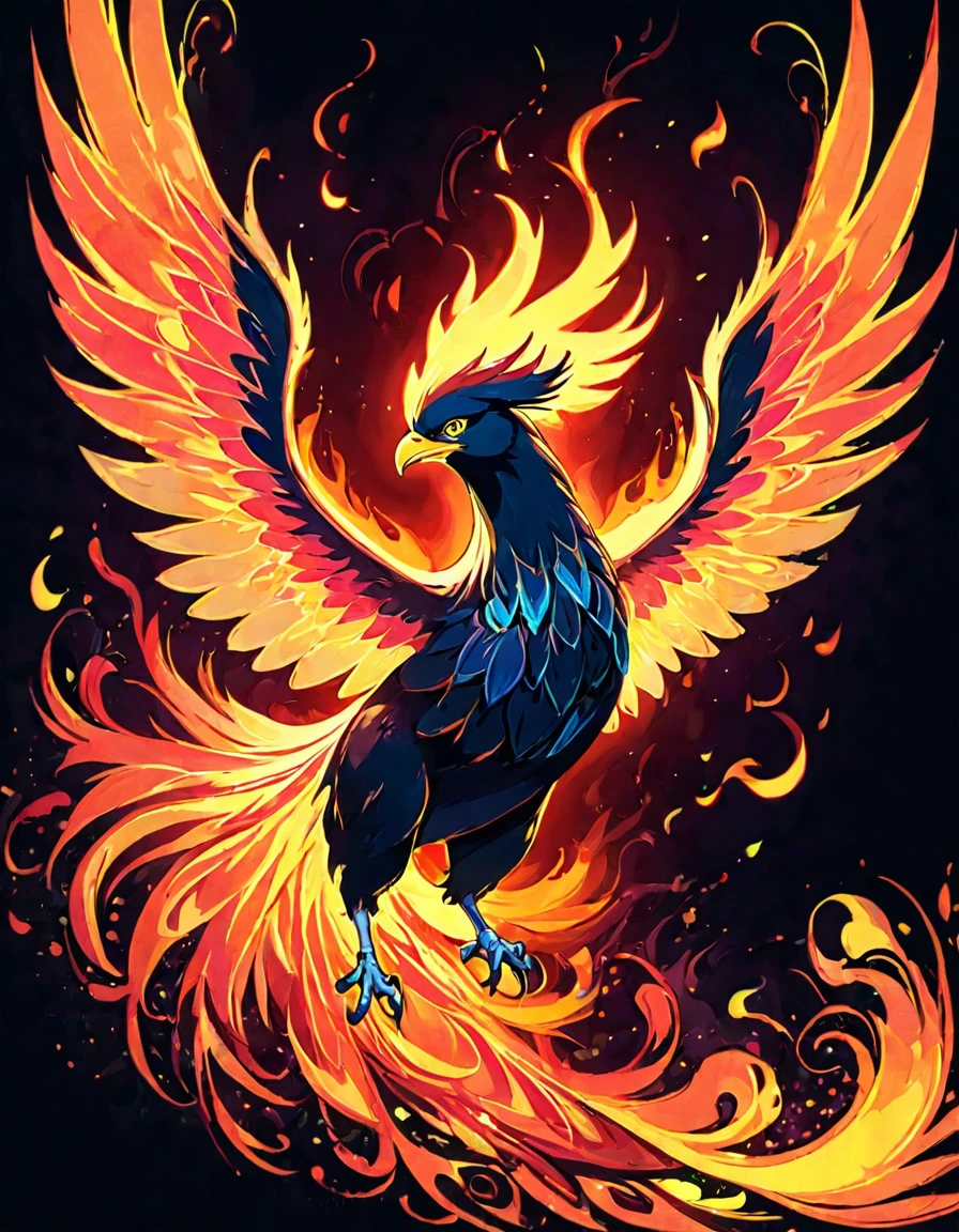 ((((black light poster art)))), design a captivating art piece featuring the essence of a mythical fire phoenix, with its feathers ablaze in radiant hues, surrounded by swirling flames and symbols of rebirth and transformation