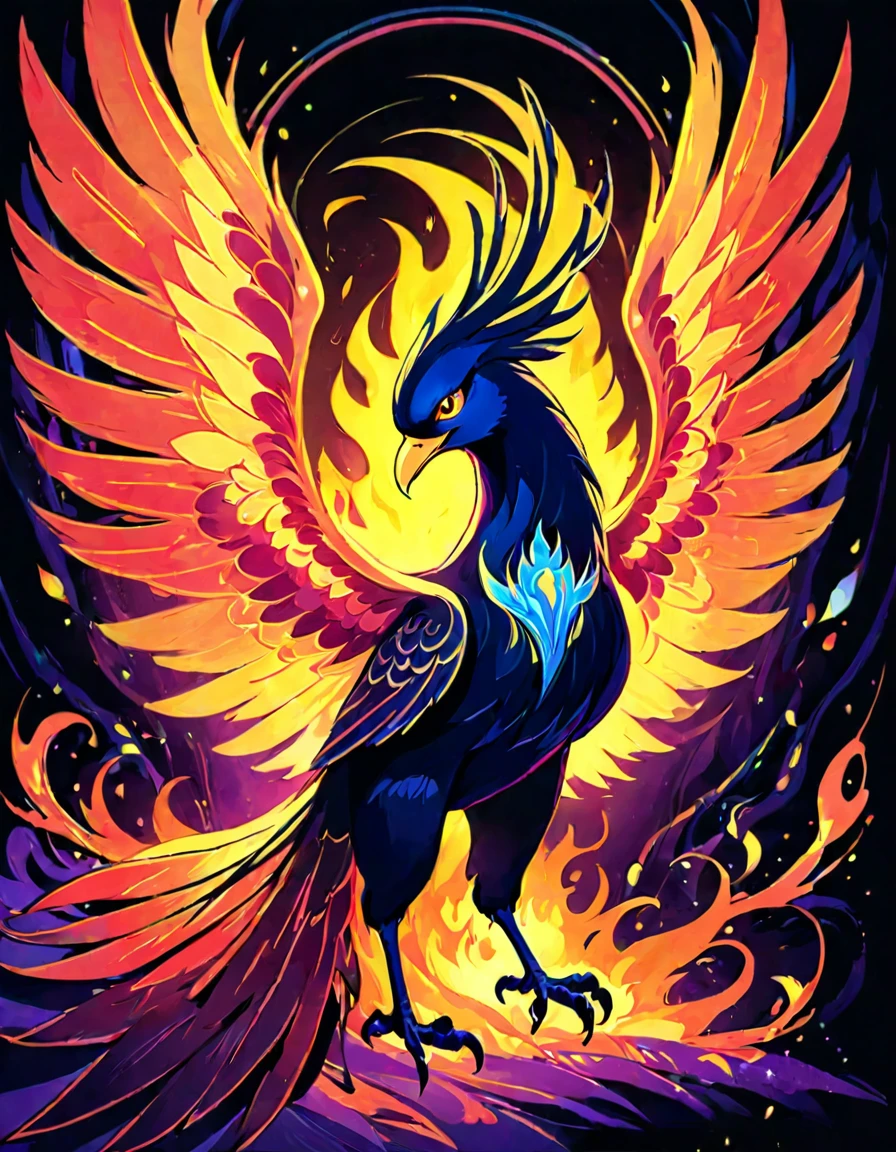 ((((black light poster art)))), design a captivating art piece featuring the essence of a mythical fire phoenix, with its feathers ablaze in radiant hues, surrounded by swirling flames and symbols of rebirth and transformation