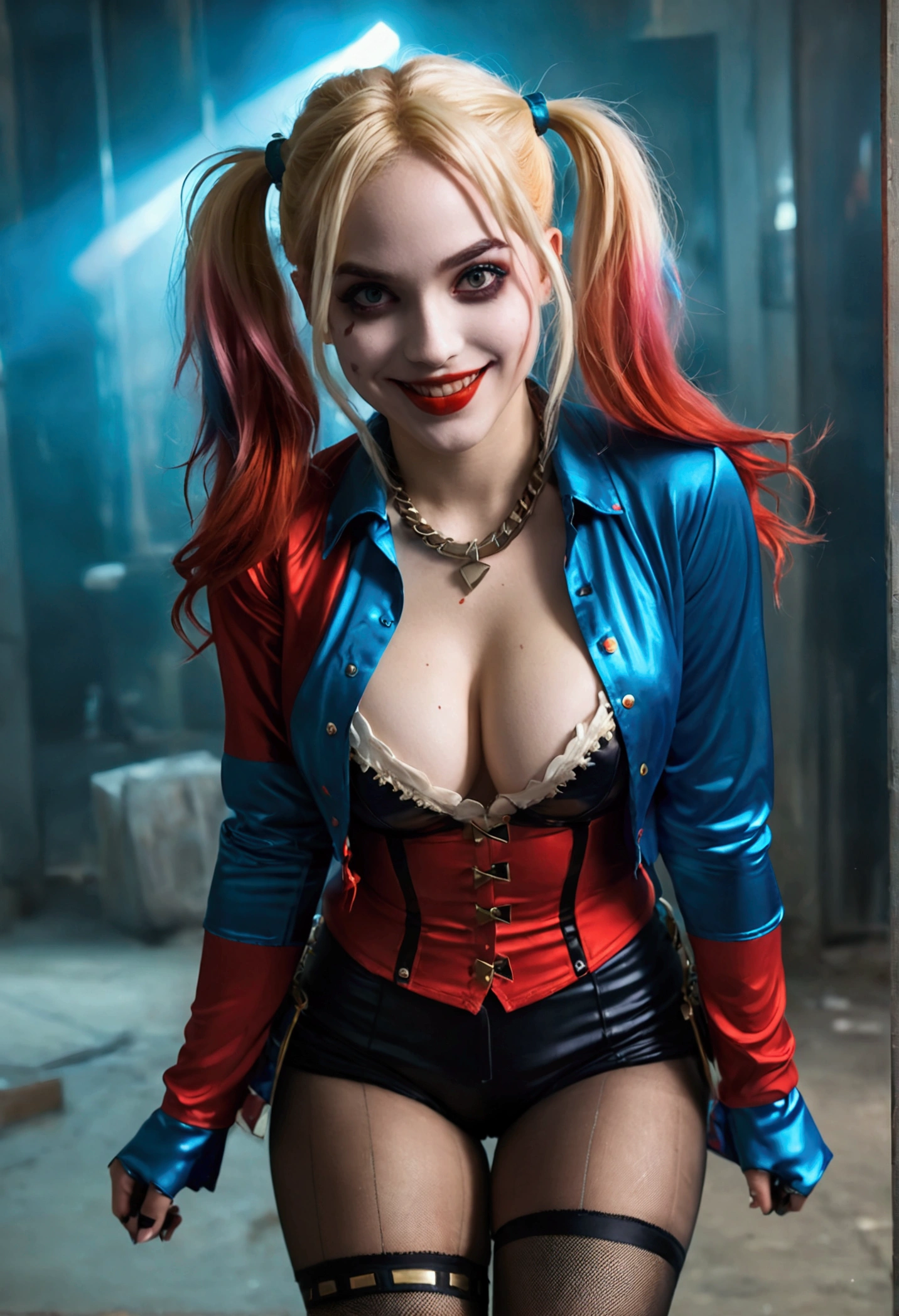 ultra realistic, photography, long red hair, girl, 24 years old, hourglass figure, perfect body, Flirty look, extremely detailed artgerm, in the style artgerm, small breasts, facing the camera, lens 35 mm, blur background, red and blue Harley Quinn costume (from the 2016 suicide squad movie), lively costume party as background, laughing, full body picture, full body, black sheer tights