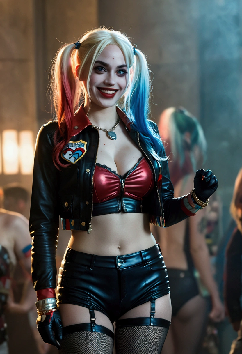 ultra realistic, photography, long red hair, girl, 24 years old, hourglass figure, perfect body, Flirty look, extremely detailed artgerm, in the style artgerm, small breasts, facing the camera, lens 35 mm, blur background, red and blue Harley Quinn costume (from the 2016 suicide squad movie), lively costume party as background, laughing, full body picture, full body, black sheer tights